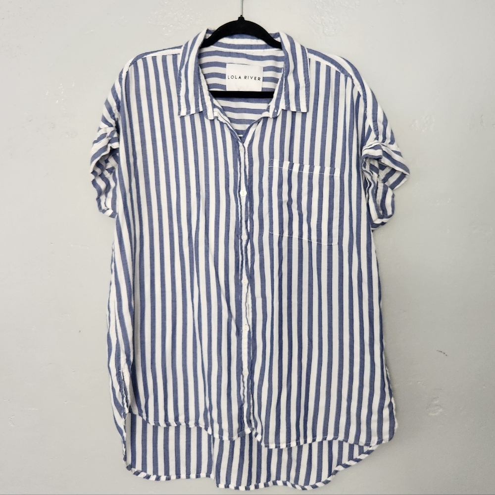 Lola River Flowing Lightweight Short Sleeve Striped Button Down Large
